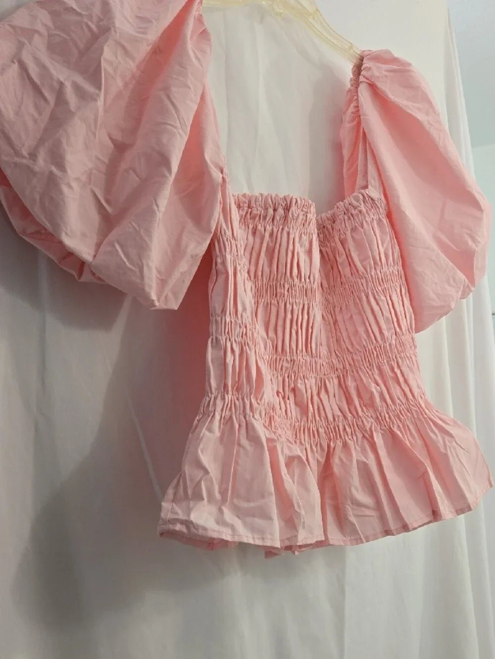 Astr Pink Smocked Peplum Puff-Sleeve Blouse